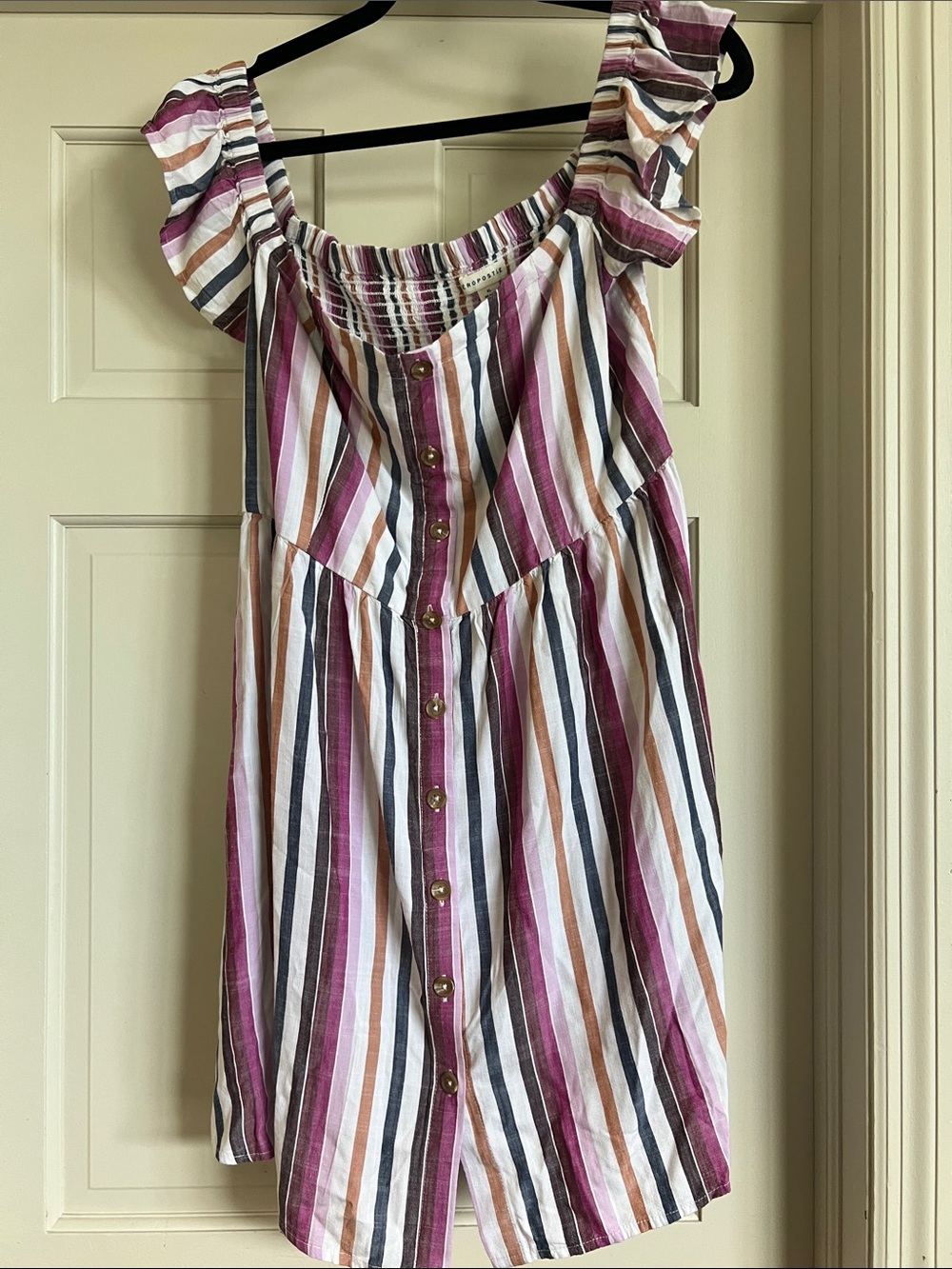 Aeropostale Striped Ruffle-Shoulder Sundress in Pink, Navy & Tan